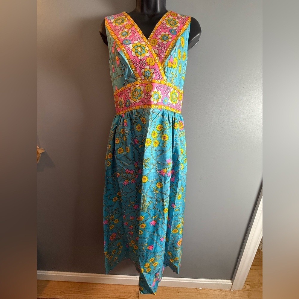 Vintage 1970's Psychedelic Floral Mod Print Hawaiian Maxi Summer Dress Sz S